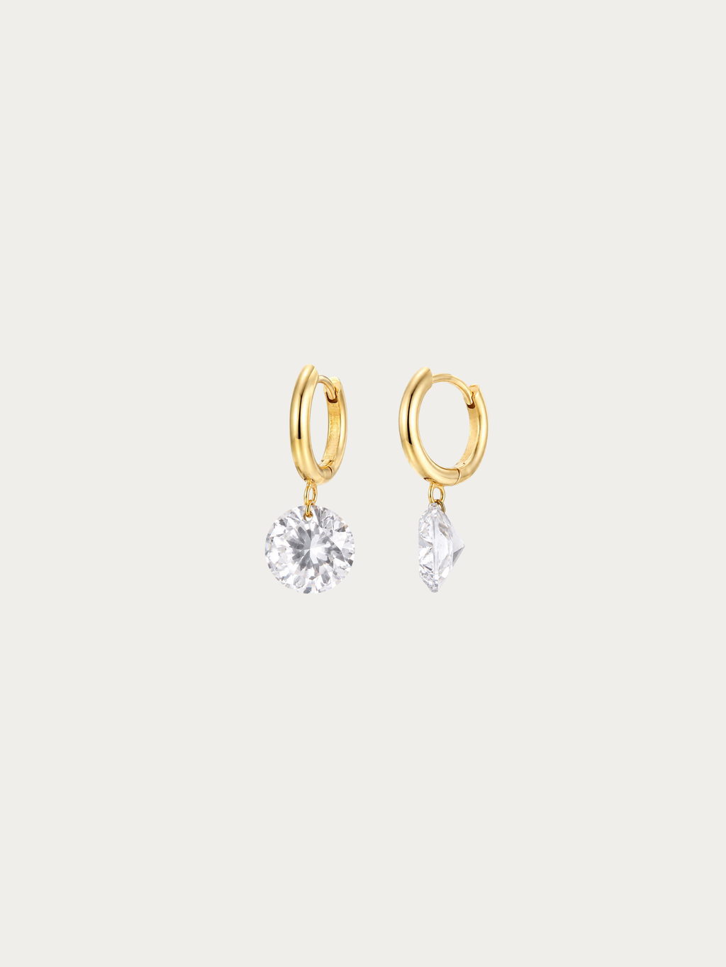 Clarity Drop Hoop Earrings in gold with round cubic zirconia drop