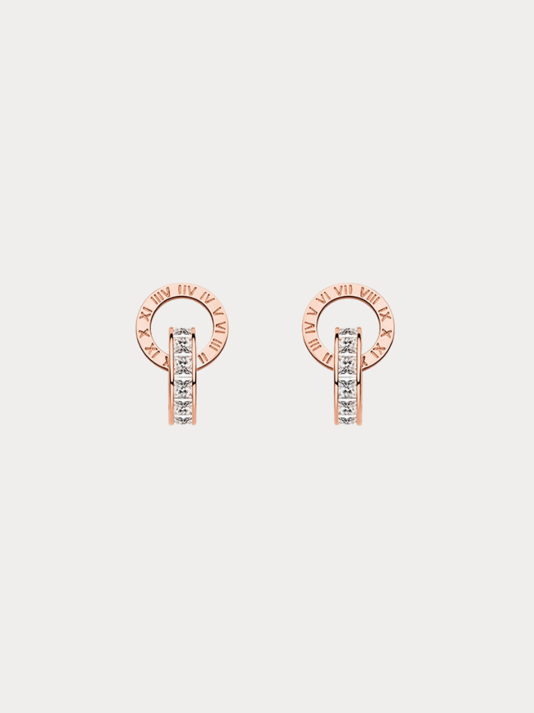 Classic Roman Numerals Stud Earrings in rose gold titanium, studio hero shot