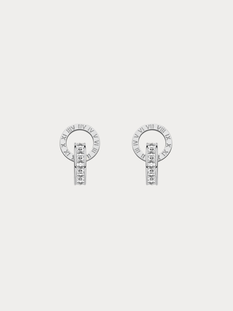 Classic Roman Numerals Stud Earrings in silver titanium, studio hero shot