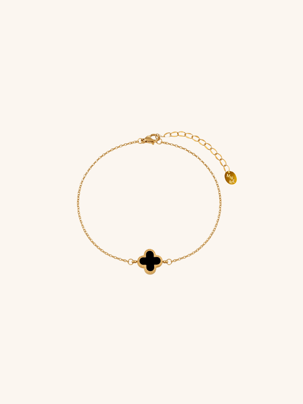 Clover Duo Anklet black enamel variant product flatlay, gold fine chain with black clover pendant