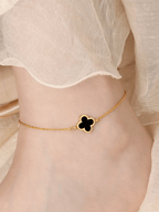 Clover Duo Anklet black enamel variant worn on ankle, gold titanium clover anklet Malaysia lifestyle