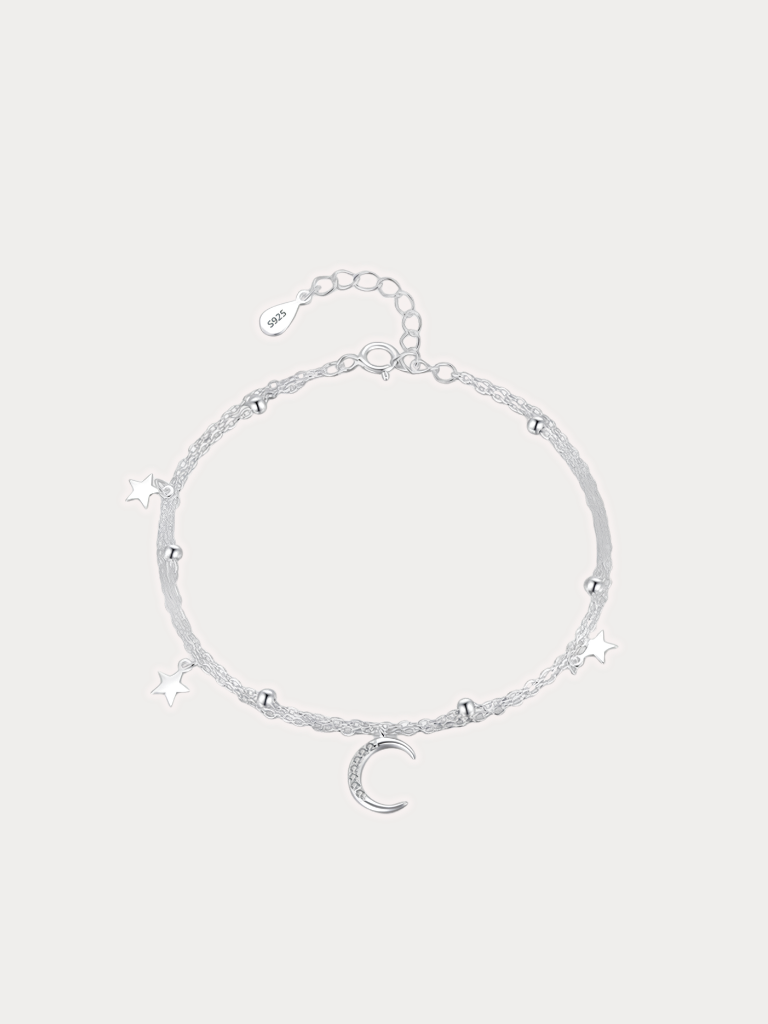 CRESSIDA Moon and Stars Bracelet full detail view, 925 sterling silver