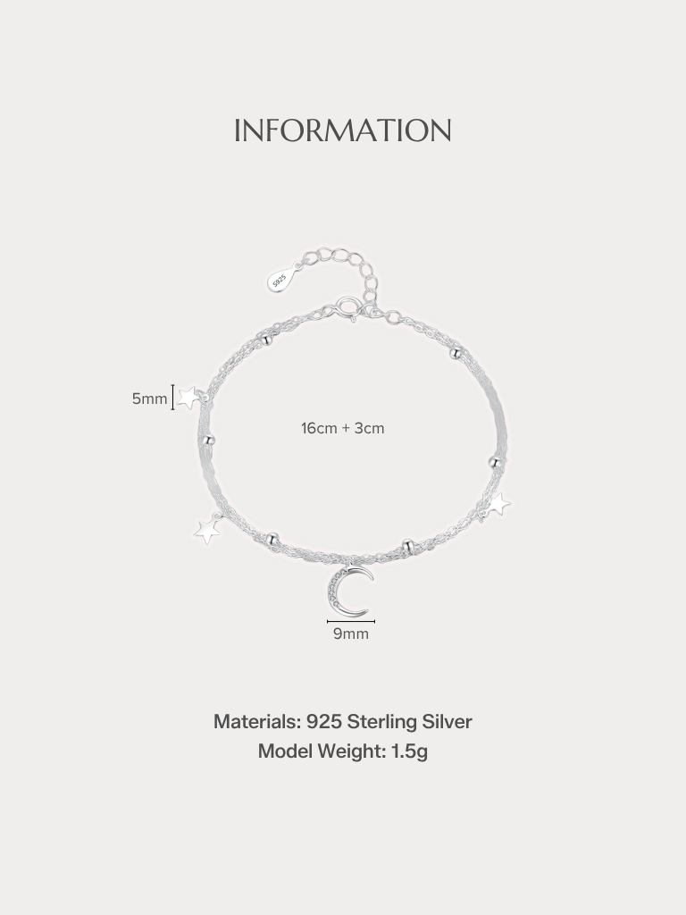 CRESSIDA Moon and Stars Bracelet size and material specifications