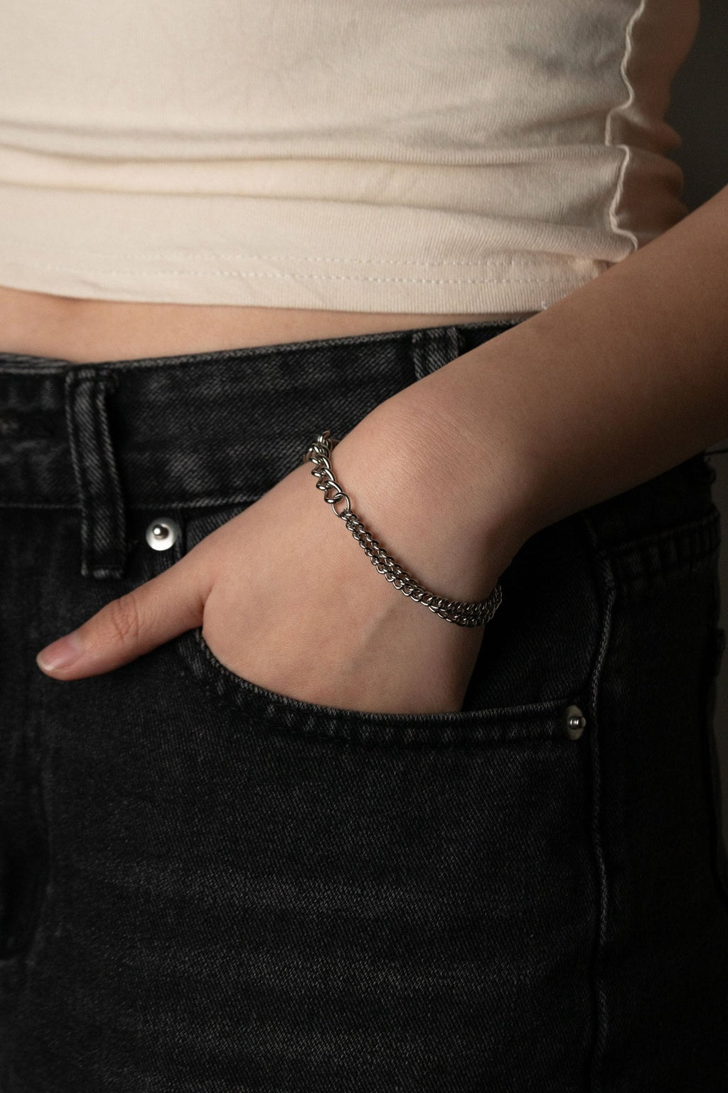 Curb Mixed Layer Chain Bracelet silver tone worn on wrist, bold layered chain bracelet Malaysia lifestyle