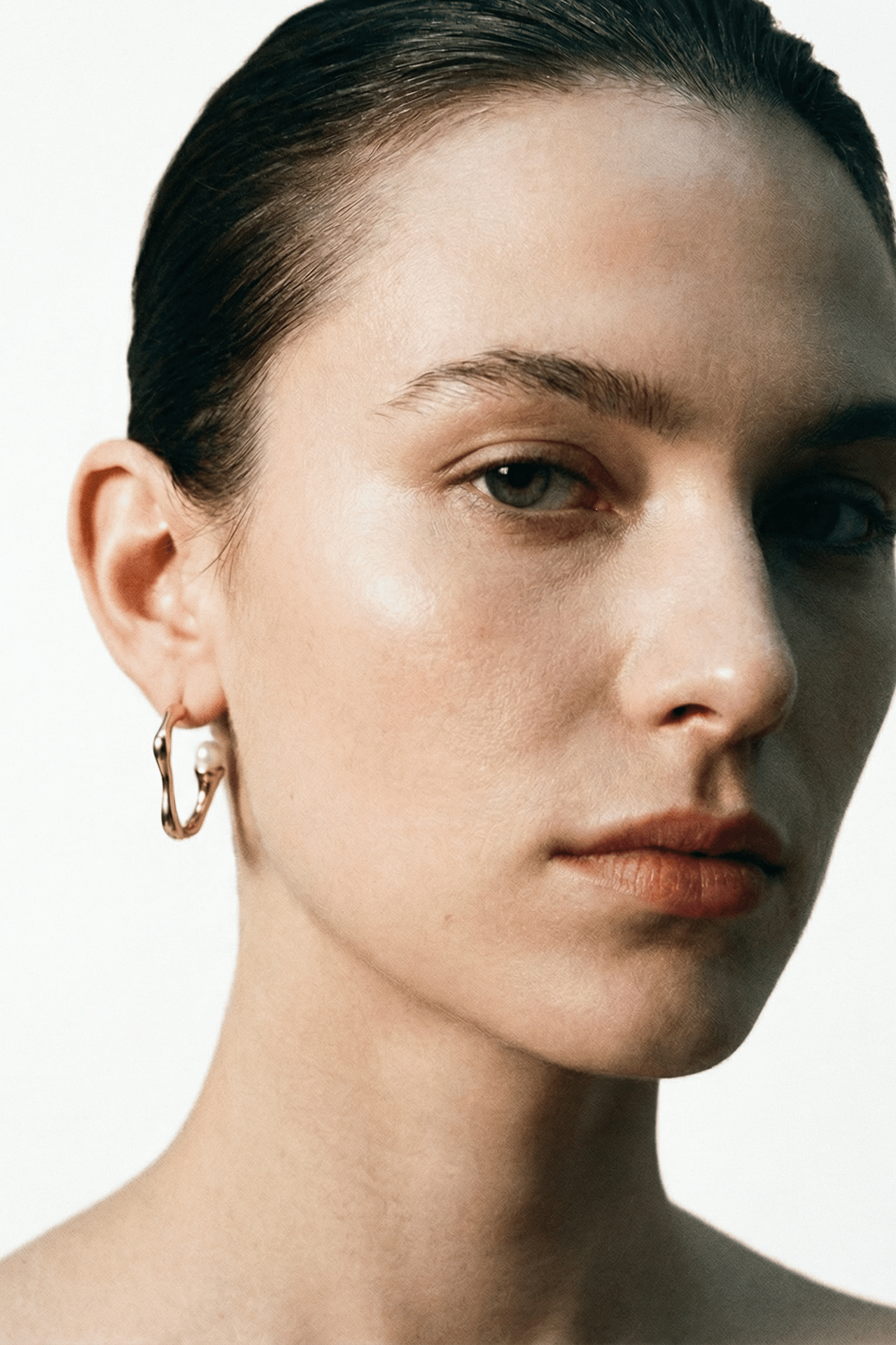 sculptural curve earrings worn on ear side view