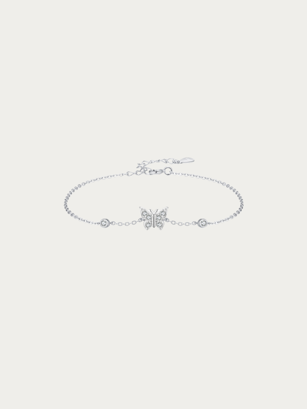 Daydreamer CZ Butterfly Charm Bracelet in 925 sterling silver with pavé butterfly charm, studio hero shot
