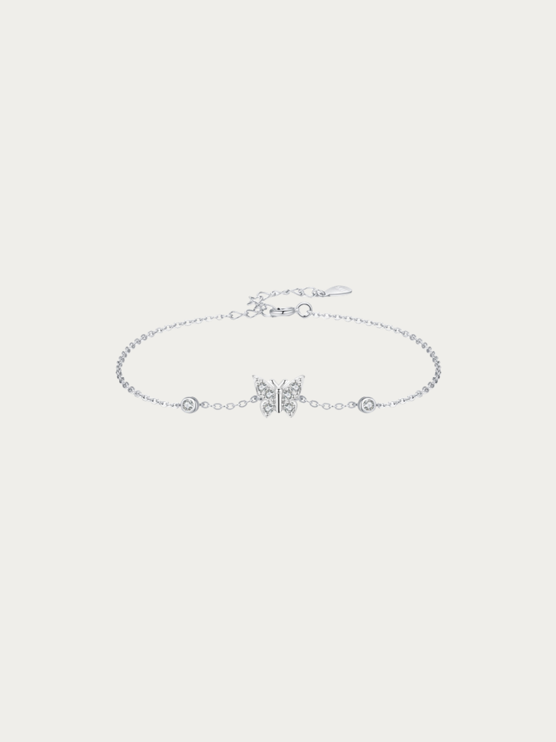 Daydreamer CZ Butterfly Charm Bracelet in 925 sterling silver with pavé butterfly charm, studio hero shot