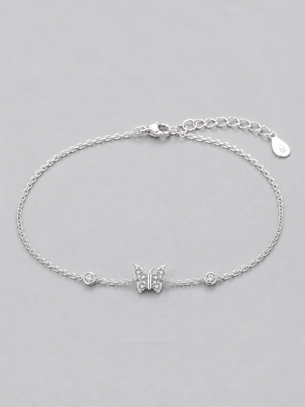 Daydreamer CZ Butterfly Charm Bracelet side profile showing charm placement"