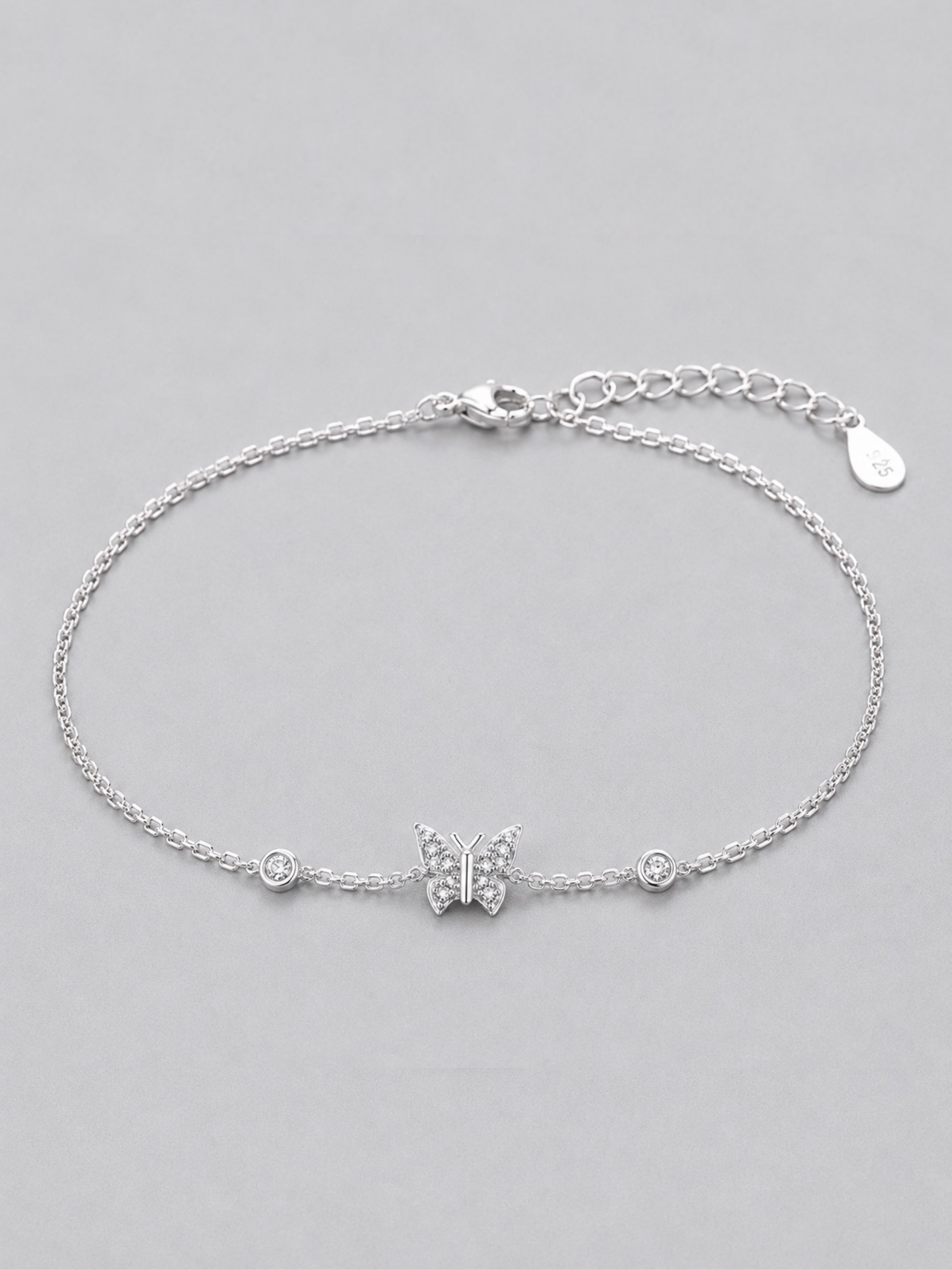 Daydreamer CZ Butterfly Charm Bracelet side profile showing charm placement"