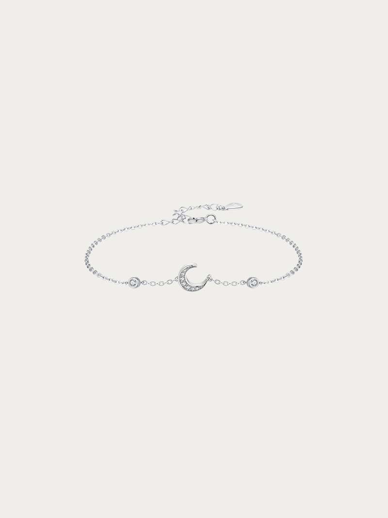 Daydreamer CZ Luna Moon Charm Bracelet in 925 sterling silver with pavé crescent moon charm, studio hero shot
