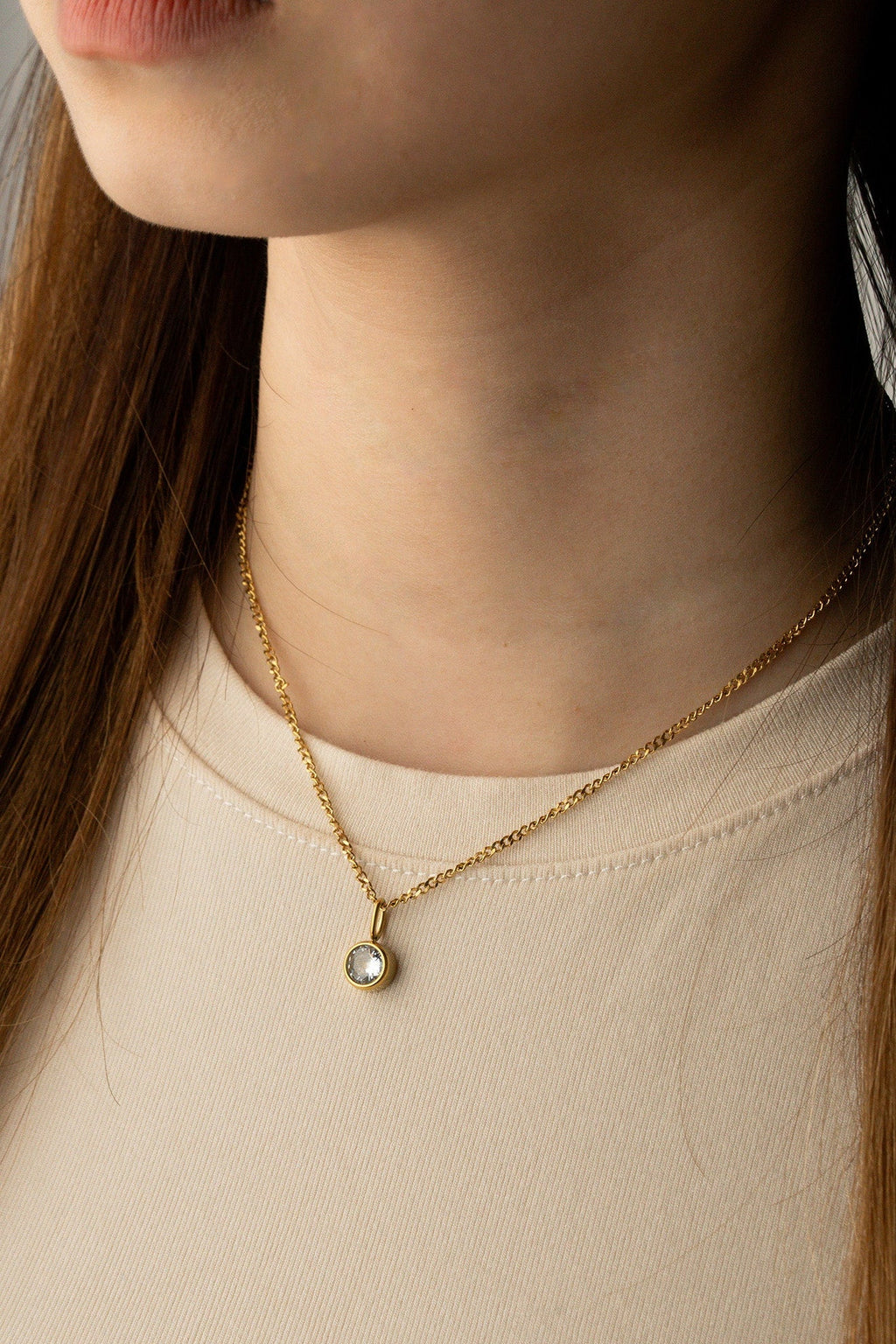 Diamond Curb Chain CZ Necklace gold tone worn on neck, minimalist pendant necklace Malaysia lifestyle