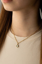 Diamond Curb Chain CZ Necklace gold tone worn on neck, minimalist pendant necklace Malaysia lifestyle