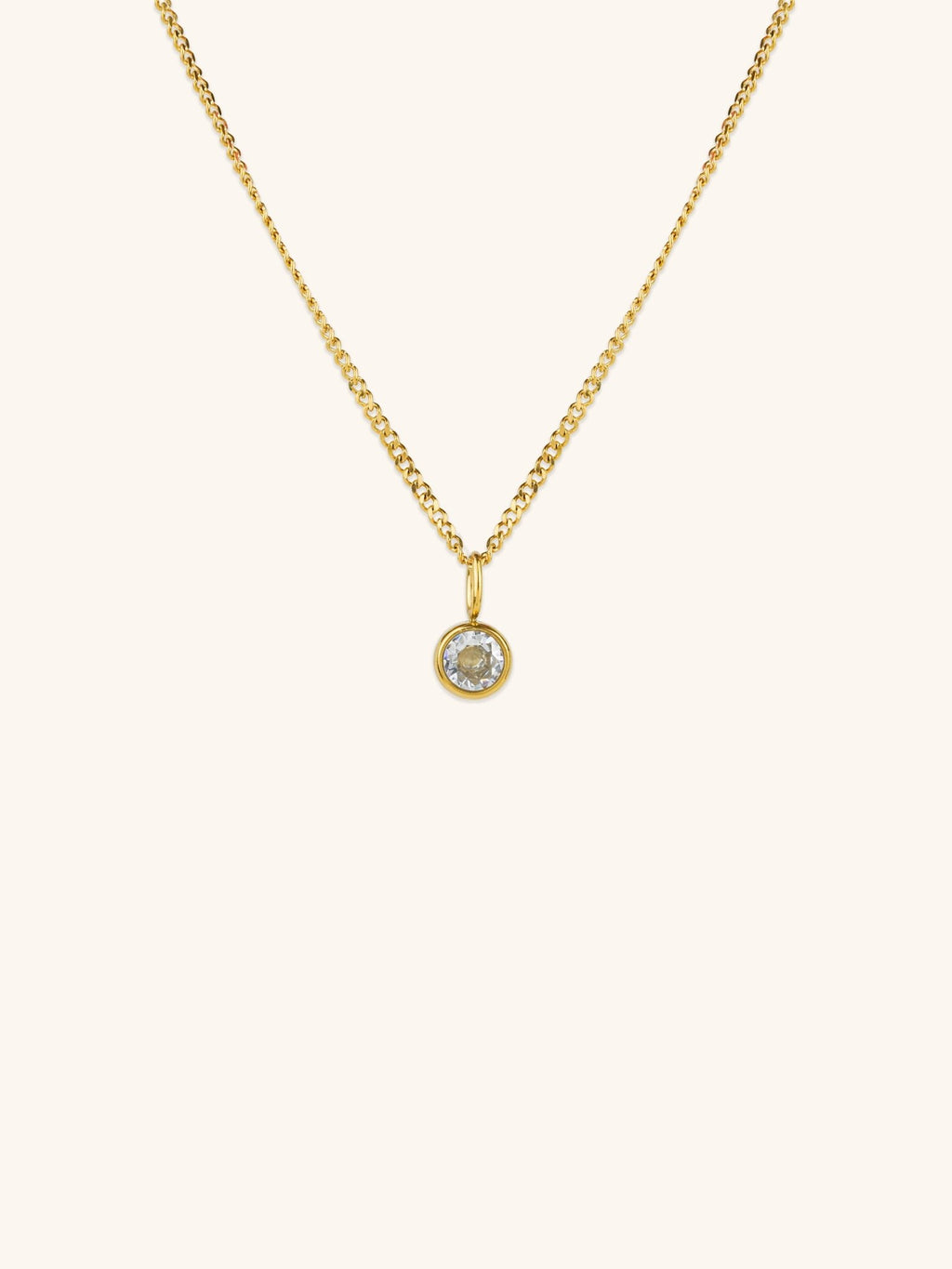 Diamond Curb Chain CZ Pendant Necklace gold tone titanium, round bezel-set CZ on fine curb chain, product flatlay
