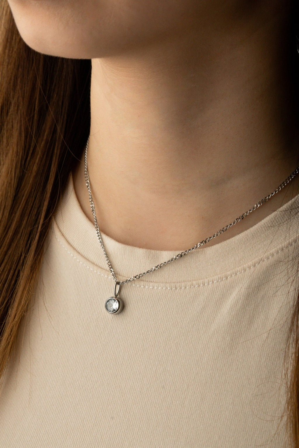 Diamond Curb Chain CZ Necklace silver tone worn on neck, minimalist pendant necklace Malaysia lifestyle
