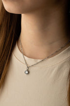 Diamond Curb Chain CZ Necklace silver tone worn on neck, minimalist pendant necklace Malaysia lifestyle
