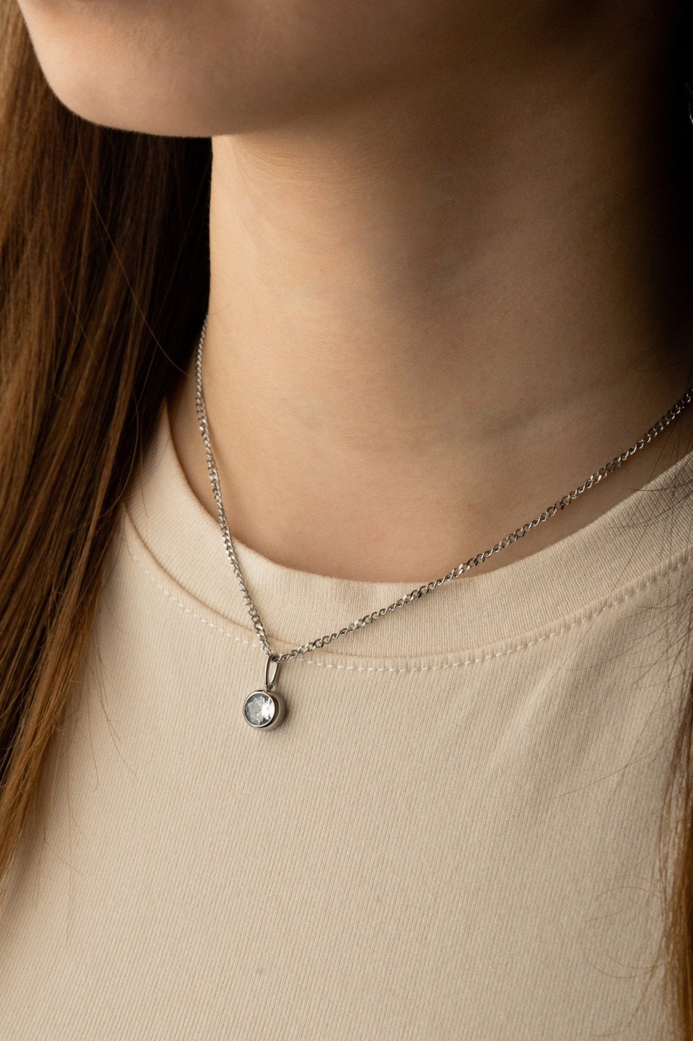 Diamond Curb Chain CZ Necklace silver tone worn on neck, minimalist pendant necklace Malaysia lifestyle