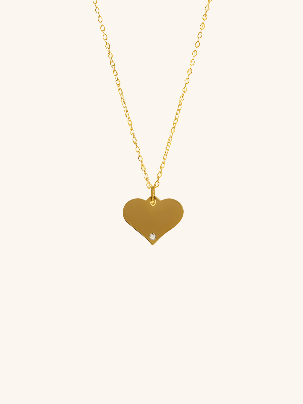 Diamond Heart Engravable Necklace gold tone worn on neck, large flat heart pendant with CZ accent, MNML Malaysia