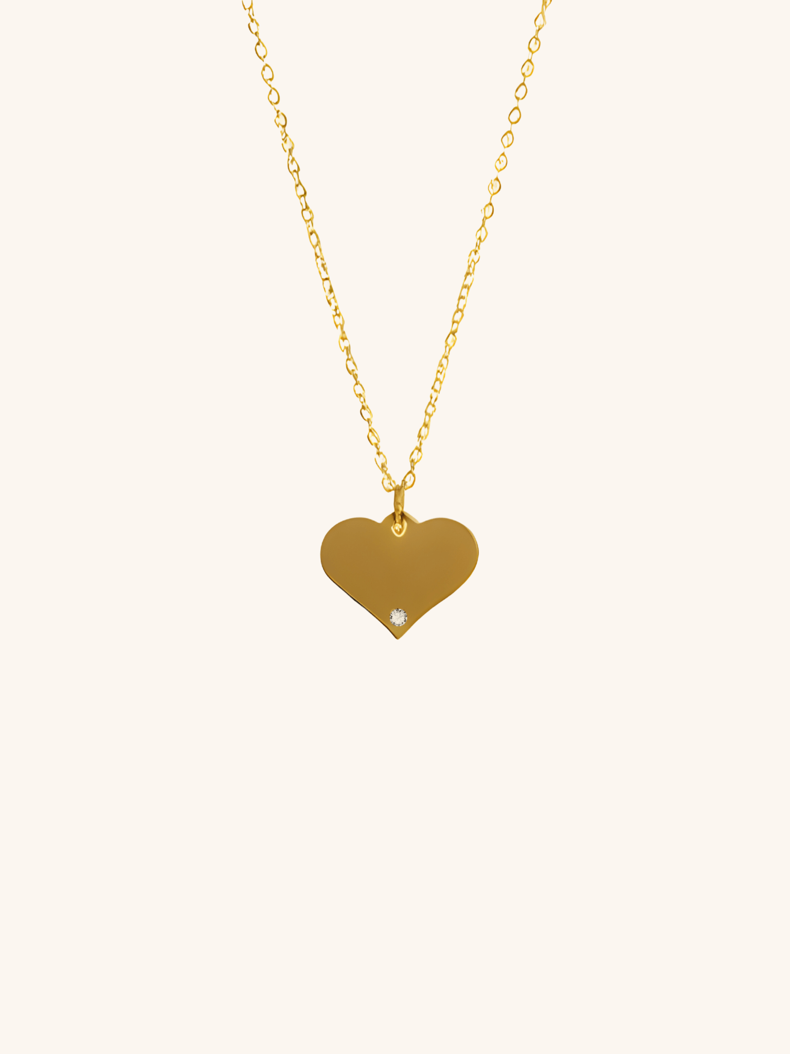 Diamond Heart Engravable Necklace gold tone worn on neck, large flat heart pendant with CZ accent, MNML Malaysia