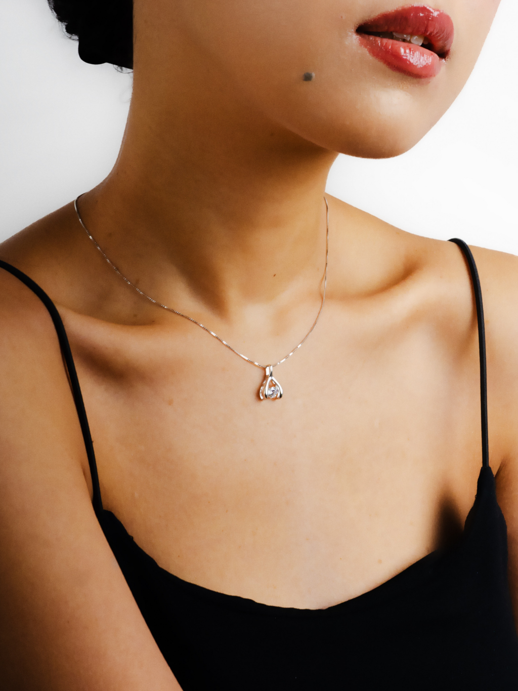 Dianne Wishbone Dancing Diamond Necklace worn on neckline