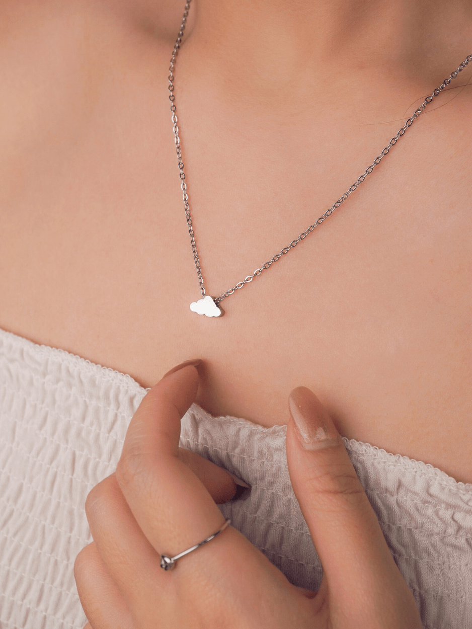Dreamcloud Mini Engravable Necklace silver tone worn on neck, MNML Malaysia lifestyle