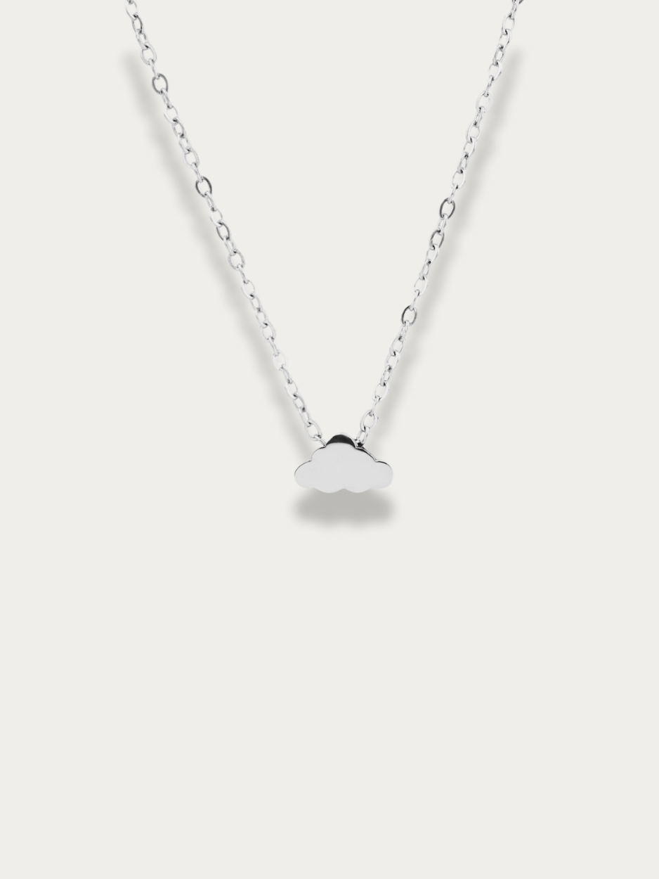 Dreamcloud Mini Engravable Necklace silver tone stainless steel, mini cloud pendant on fine chain, product flatlay