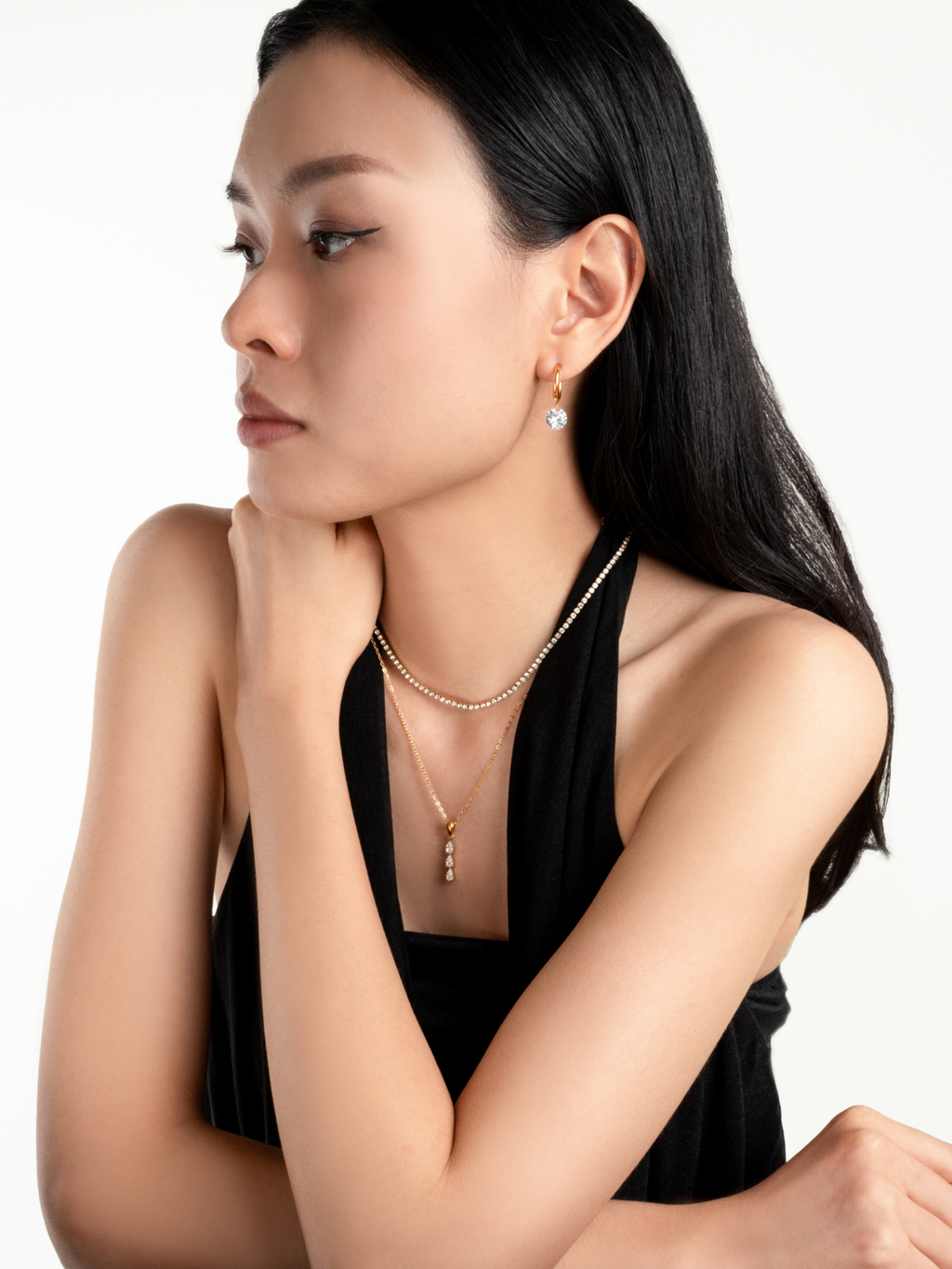 Elara 2mm Classic Tennis Necklace worn on neckline