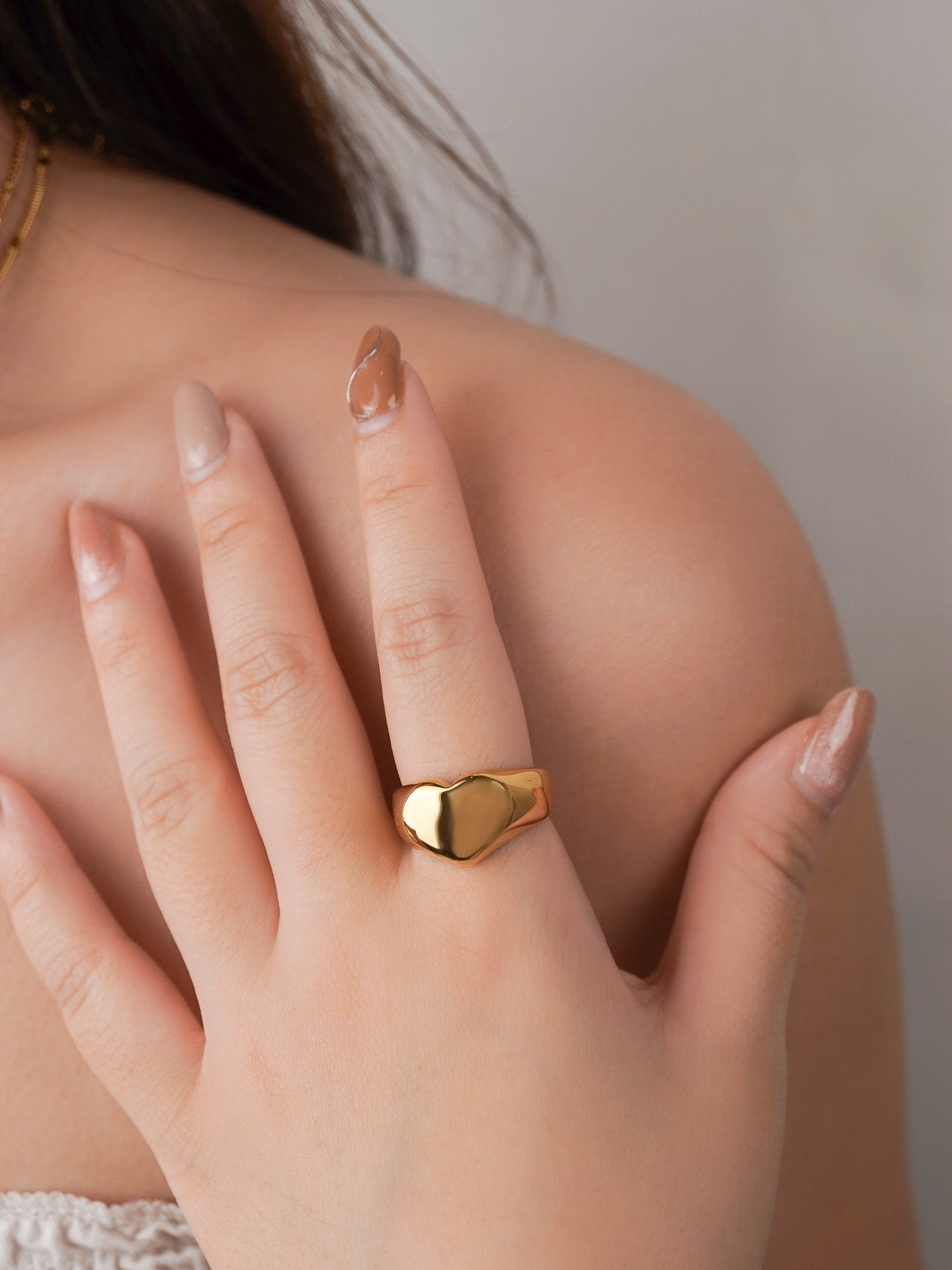 Eros Engravable Signet Ring gold tone worn on hand, heart signet ring Malaysia lifestyle