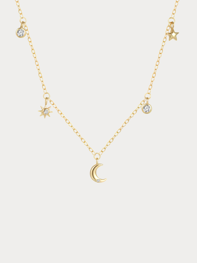 ESTELLA Moon and Stars Necklace full detail view, 18K gold-plated silver
