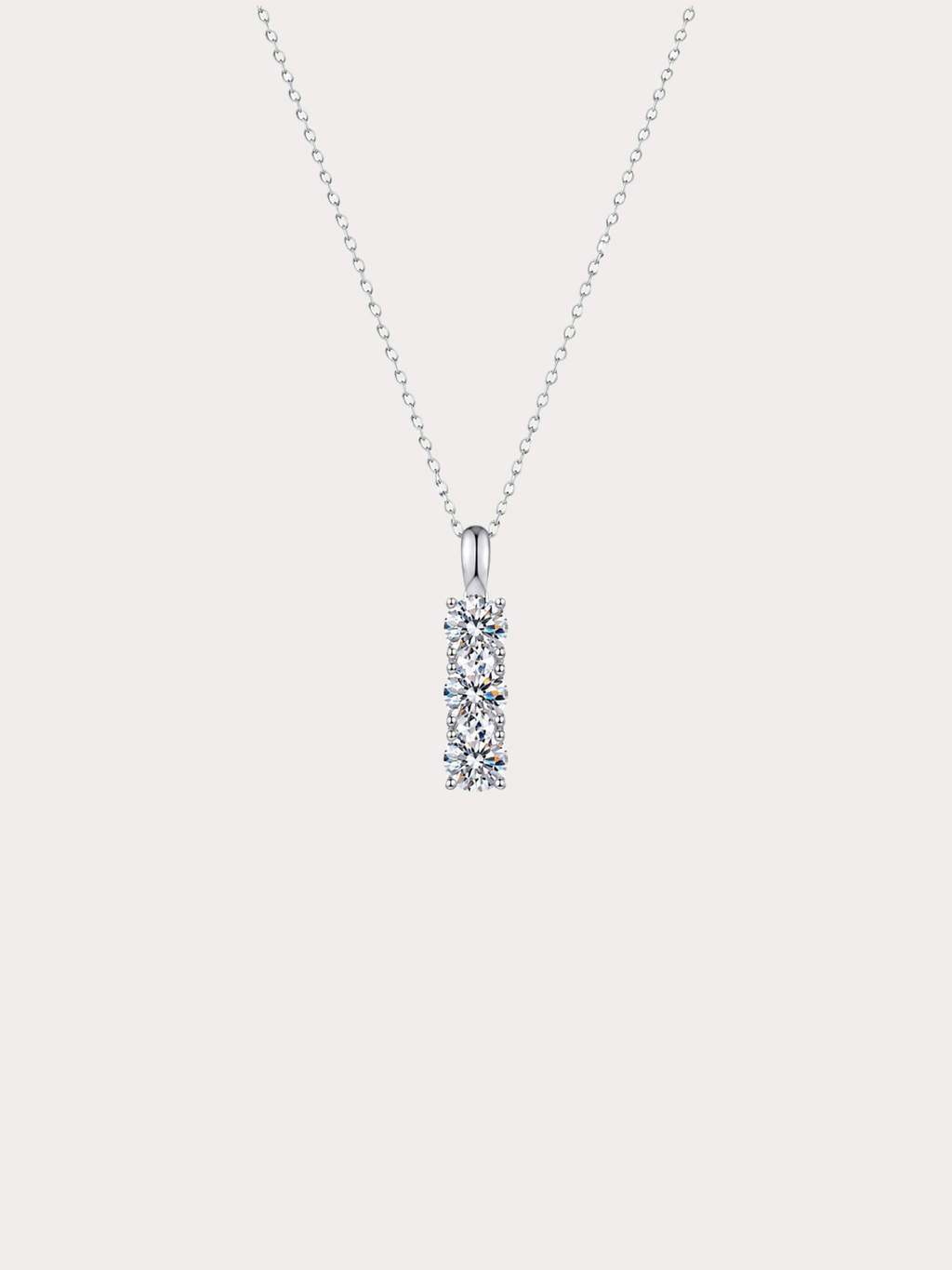 Evermore 1.5-Carat Trilogy Moissanite Necklace with three-stone vertical pendant on fine cable chain