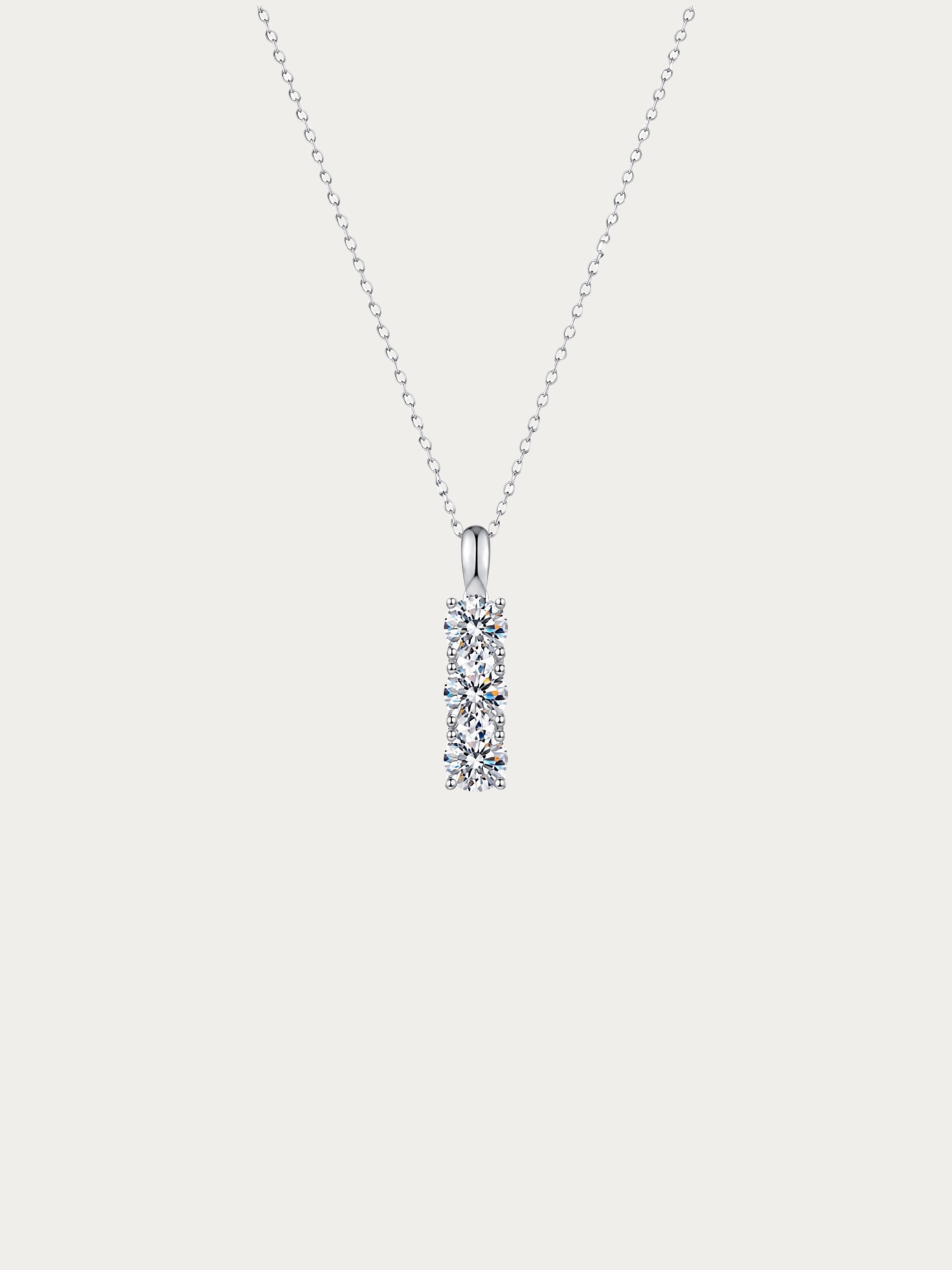 Evermore 1.5-Carat Trilogy Moissanite Necklace with three-stone vertical pendant on fine cable chain