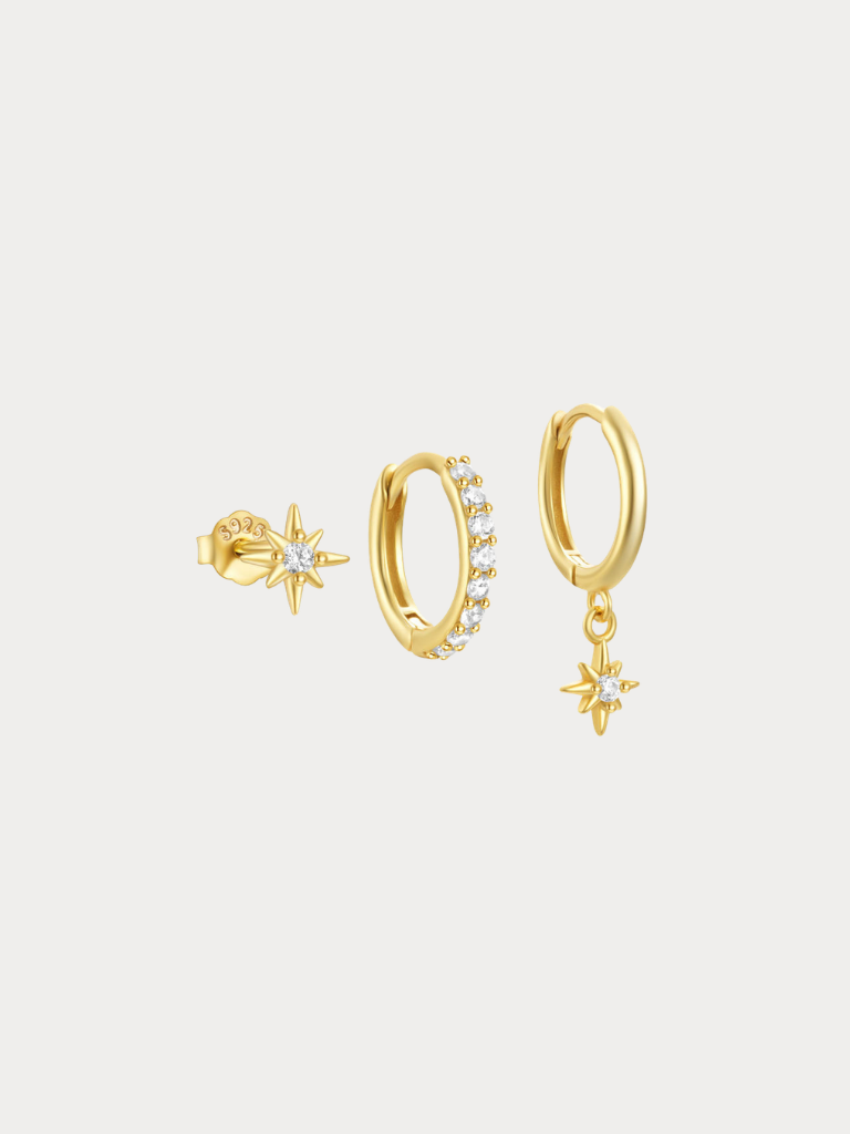 FELIX Starlight Earrings Set, all three pieces flat lay in gold