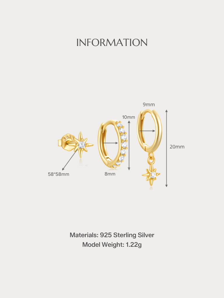 FELIX Starlight Earrings Set size and material specifications in gold
