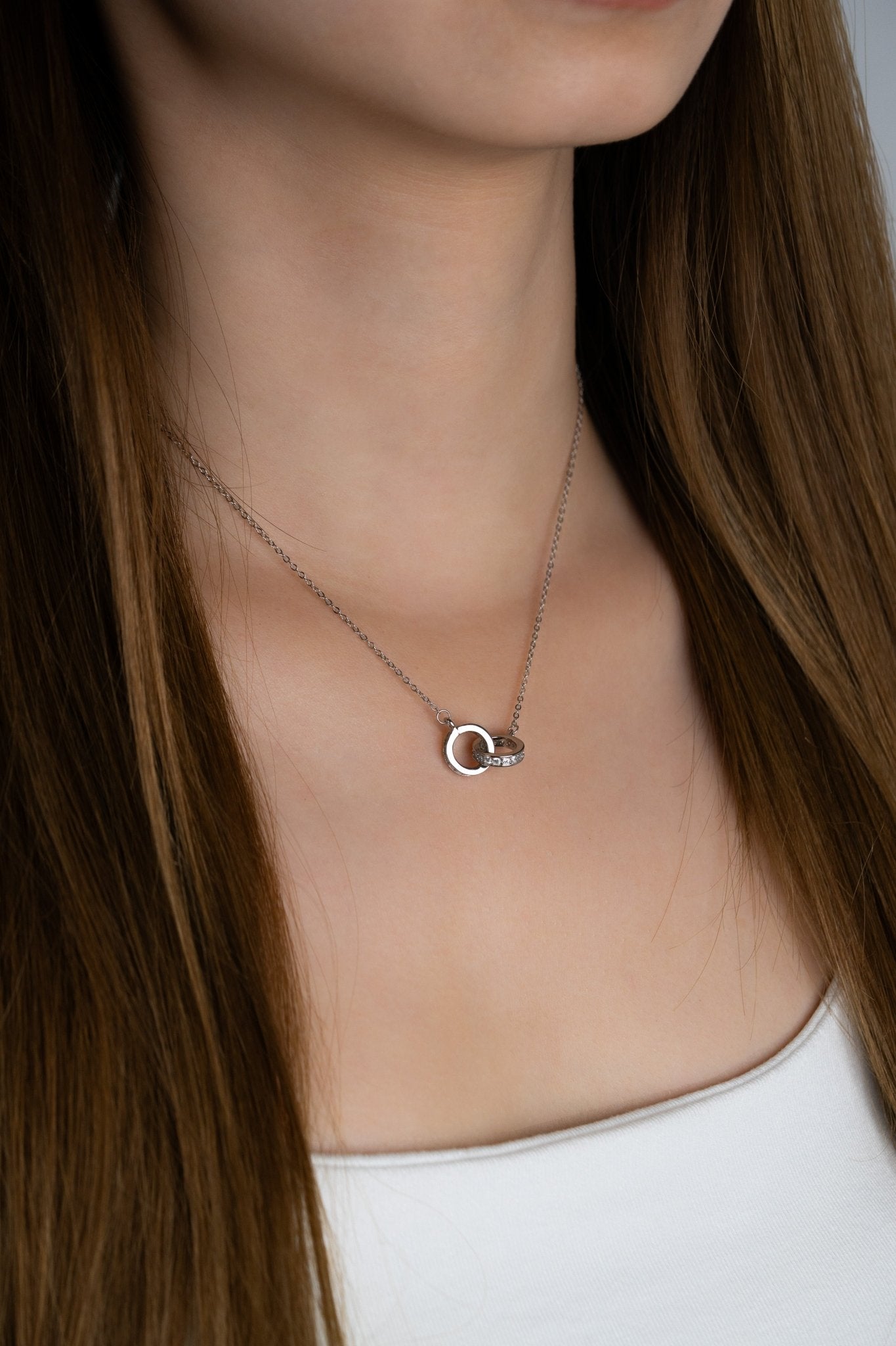 Model wearing FINLEY Interlocked Diamonds Necklace at the collarbone