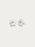 Fleur Blanche Stud Earrings pair, carved white flower motif with gold centre, studio hero shot