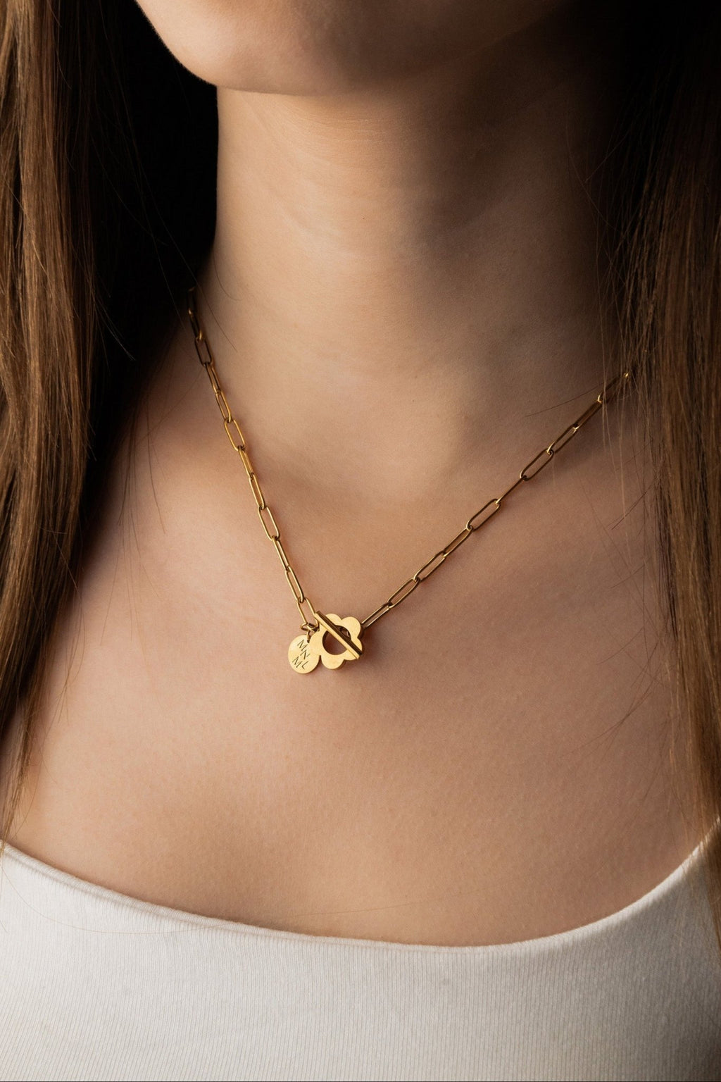 Flower Toggle Necklace gold tone worn on neck, paperclip chain with toggle charm MNML Malaysia lifestyle