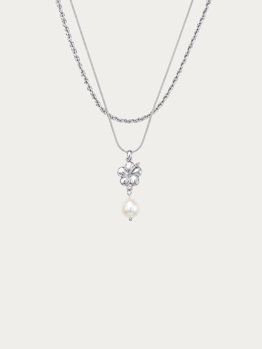 freshwater Pearl Hibiscus Layered Necklace with two-layer chain design