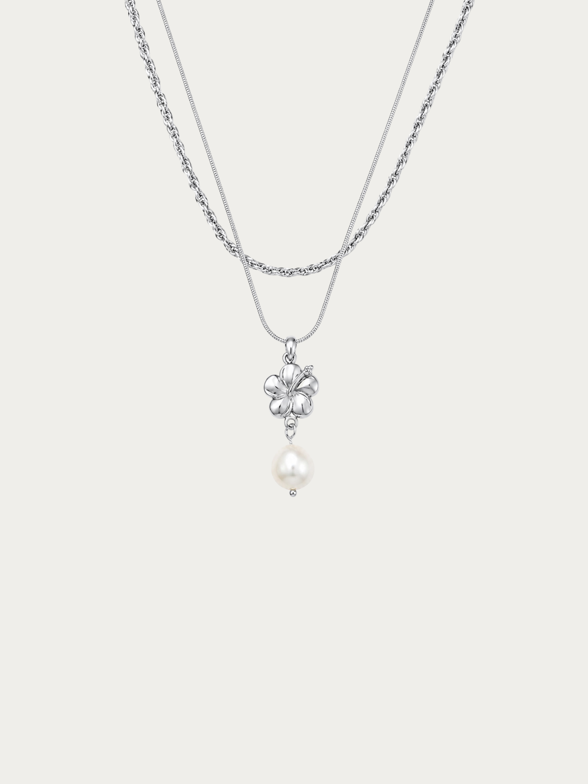 freshwater Pearl Hibiscus Layered Necklace with two-layer chain design