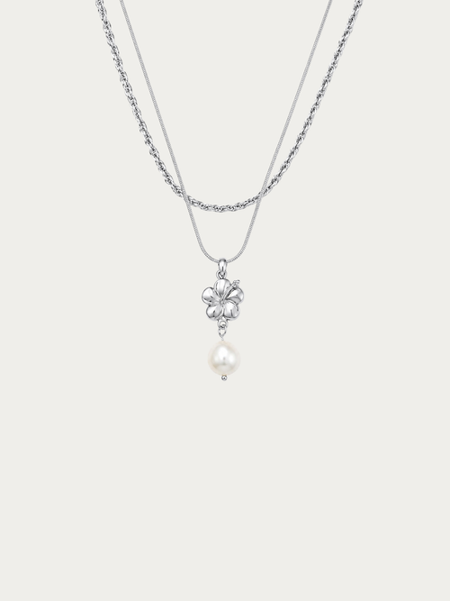 freshwater Pearl Hibiscus Layered Necklace with two-layer chain design