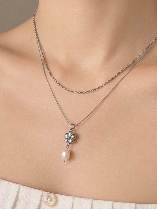 Freshwater Pearl Hibiscus Layered Necklace worn on neckline