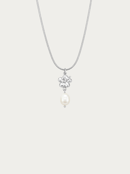 Freshwater Pearl Hibiscus Sleek Chain Necklace with hibiscus pendant and pearl