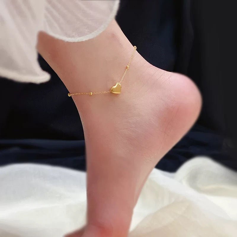 Heart Beaded Chain Anklet gold tone worn on ankle, puffy heart on satellite bead chain, MNML Malaysia lifestyle