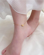 Heart Beaded Chain Anklet gold tone worn on ankle, puffy heart on satellite bead chain, MNML Malaysia lifestyle