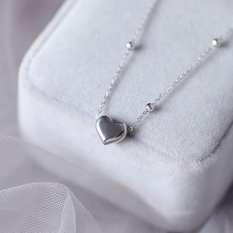 Heart Beaded Chain Anklet silver tone titanium product flatlay, satellite bead chain with heart pendant