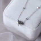 Heart Beaded Chain Anklet silver tone titanium product flatlay, satellite bead chain with heart pendant