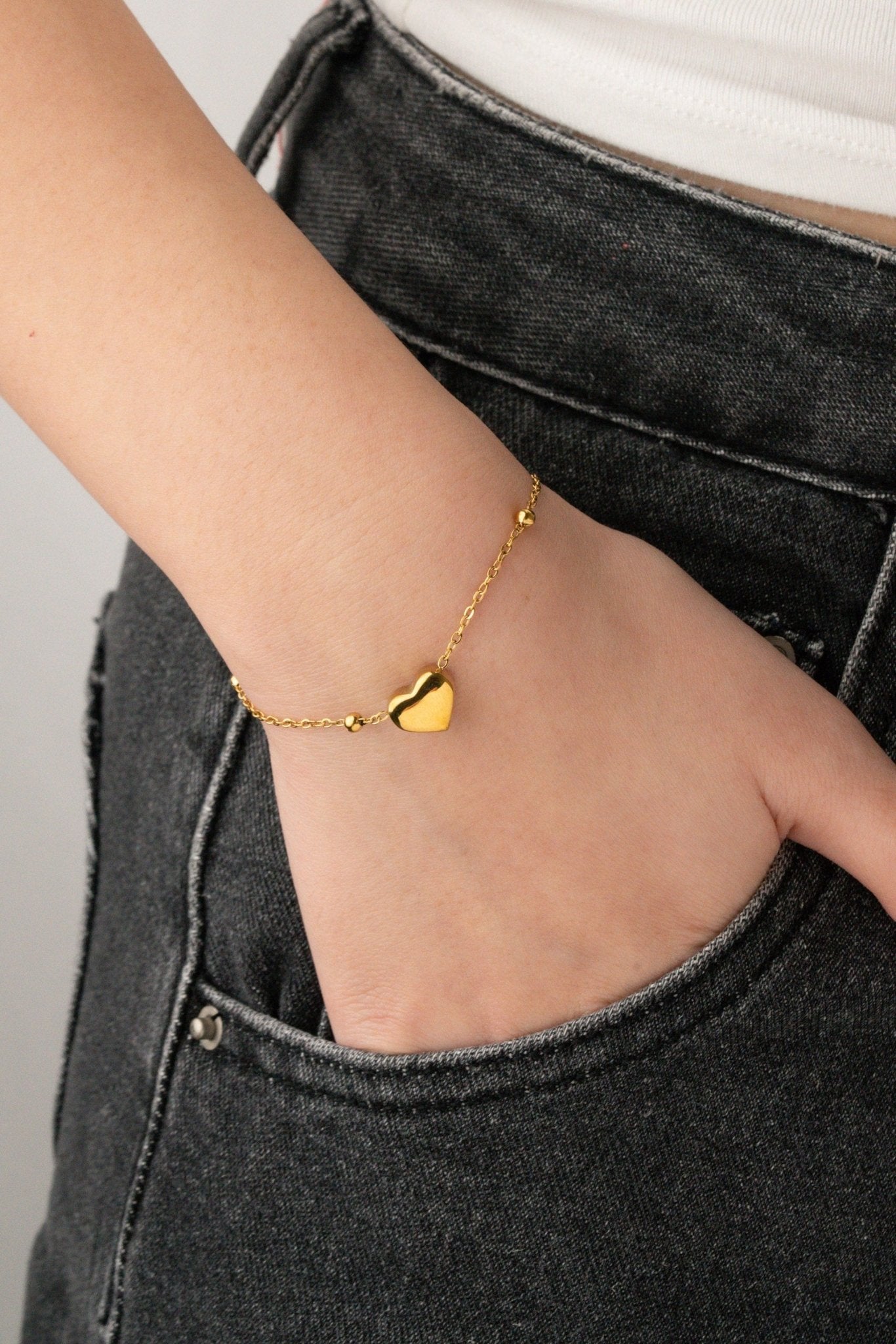 Heart Beaded Chain Bracelet gold tone worn on wrist, minimalist heart bracelet Malaysia lifestyle