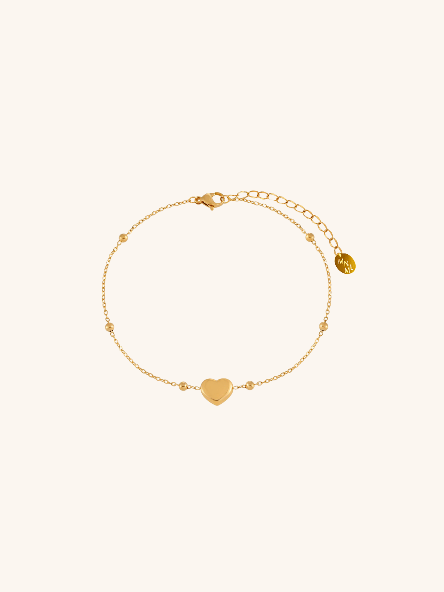 Heart Beaded Chain Bracelet gold tone titanium, puffy heart on satellite bead chain with MNML disc charm, product flatlay