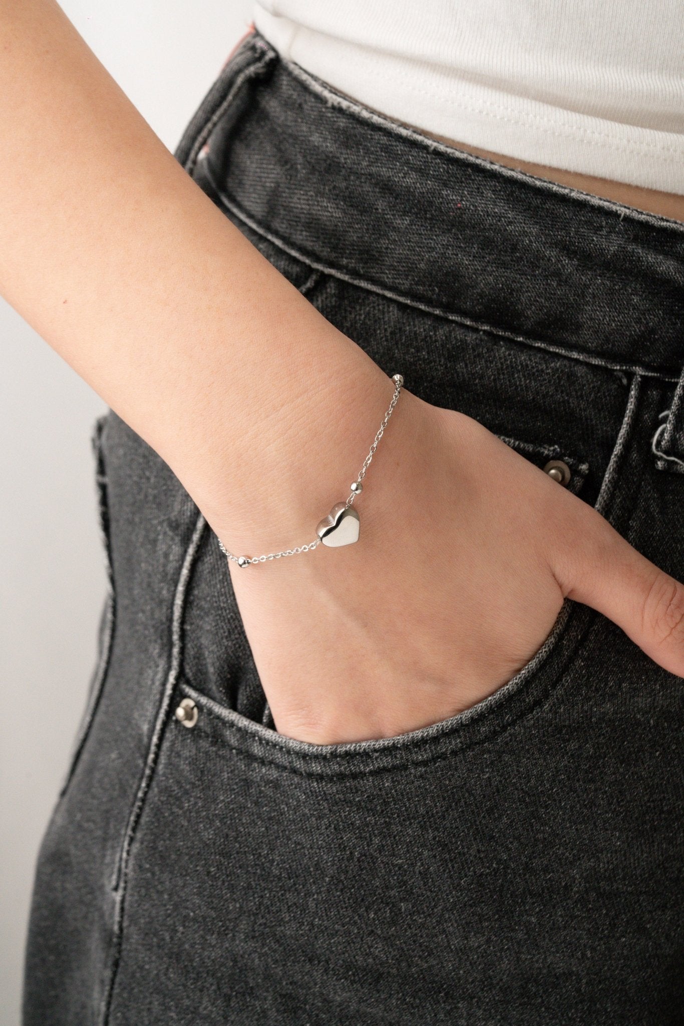 Heart Beaded Chain Bracelet silver tone worn on wrist, minimalist heart bracelet Malaysia lifestyle