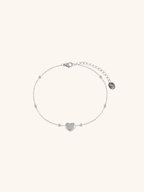 Heart Beaded Chain Bracelet silver tone titanium, puffy heart on satellite bead chain with MNML disc charm, product flatlay