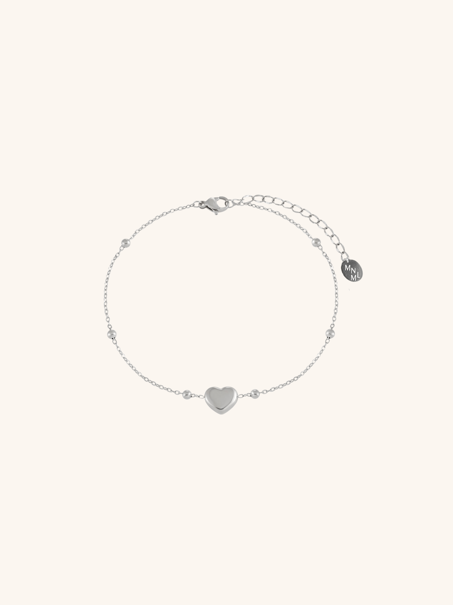 Heart Beaded Chain Bracelet silver tone titanium, puffy heart on satellite bead chain with MNML disc charm, product flatlay