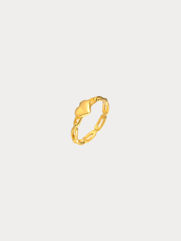Heart Chain Ring in gold stainless steel with puffy 3D heart on open link chain band, studio hero shot
